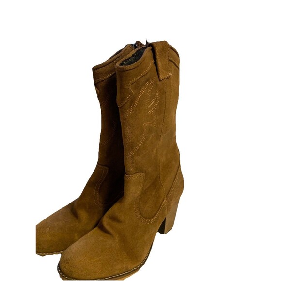 Poelman Suede Western Cowboy Boots Brown Chunky Heel Boho Festival Sz 6.5 New - Picture 6 of 7